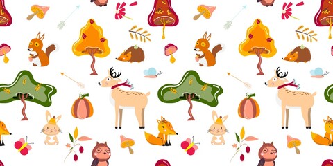 Autumn seamless pattern with forest animals and trees. Animal pattern. For textile, paper, wrapping paper, packaging. Vector pattern. 