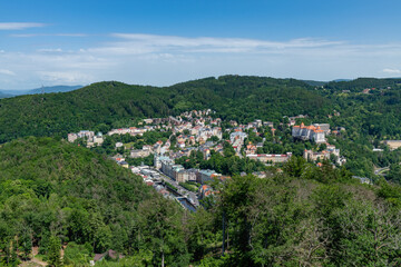 Fototapeta premium View of the centre of the important Czech spa town of Karlovy Vary (Karlsbad) from the viewpoint - Czech Republic - Europe