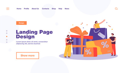 Tiny people shopping during store loyalty program isolated flat vector illustration. Cartoon characters buying products and getting gifts in bonus program. Promotion and shop reward concept