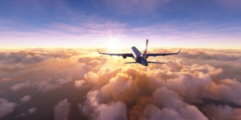 Commercial airplane flying towards the sun. Flight over blurry clouds during sunset. The plane reflects sunlight