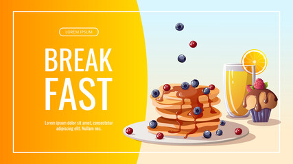 Promo sale banner with pancakes with berries, cupcake, orange juice. Healthy eating, nutrition, cooking, breakfast menu, dessert, recipes concept. Vector illustration for banner, poster, flyer, sale.