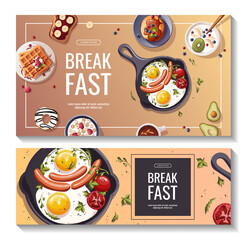Set of promo banners for breakfast menu, healthy eating, nutrition, cooking, fresh food, dessert, diet, pastry, cuisine. Vector illustration for banner, flyer, cover, advertising, menu, poster.