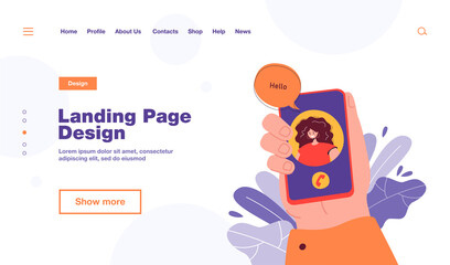 Happy woman greeting from mobile phone screen in hand flat vector illustration. Cartoon male hand holding smartphone. Video call and digital technology concept