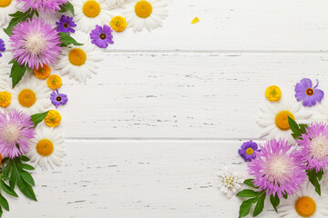 Various colorful garden flowers over wooden background