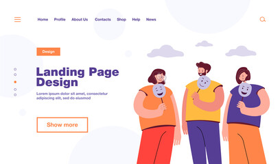 Depressed and angry people holding masks with happy faces for hiding their emotions. Vector illustration for personality, psychology, depression concept