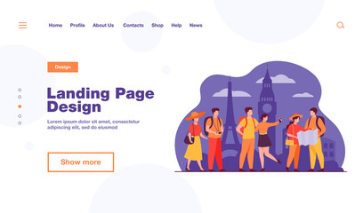 Happy couples traveling in Europe and taking photo isolated flat vector illustration. Cartoon group of people with backpack, camera and map. Vacation and tourism concept