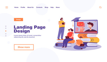 Tiny students learning online lesson via laptop flat vector illustration. Cartoon people listening computer webinar or video college lecture. Education and digital technology concept