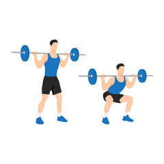 Naklejka na ściany i meble Man doing Barbell squat exercise. Flat vector illustration isolated on white background