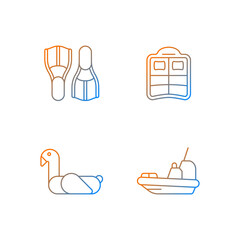 Summer vacations gradient linear vector icons set. Swimfins. Double pool float. Children swim ring. Rescue boat. Thin line contour symbols bundle. Isolated vector outline illustrations collection