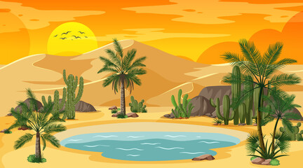 Obraz premium Desert forest landscape at sunset scene with oasis