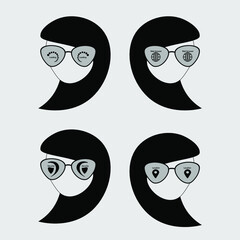 Black and white set with four vector human heads and loading icon ,web browser icon, security icon, location icon.