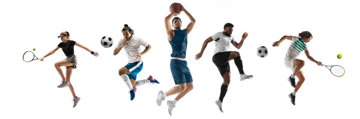Sport collage. Tennis, basketball, soccer football players in motion isolated on white studio background.