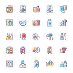 Travel size objects RGB color icons set. Portable stuff for flight passenger. Isolated vector illustrations. Essential things for tourist comfort simple filled line drawings collection