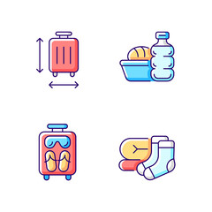 Airplane travel essential pack RGB color icons set. Suitcase size. Meal during flight. Isolated vector illustrations. Mini size objects for tourist comfort simple filled line drawings collection
