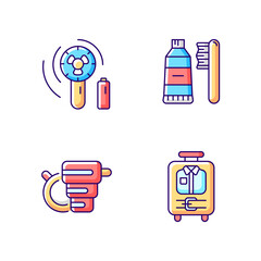 Things for travelling tourist suitcase RGB color icons set. Compact fan. Toothbrush and paste. Isolated vector illustrations. Mini size objects for tourist simple filled line drawings collection