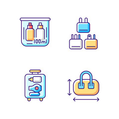 Portable travel essentials RGB color icons set. Compact bag. Traveller plugs. Open suitcase. Isolated vector illustrations. Mini size objects for tourist comfort simple filled line drawings collection