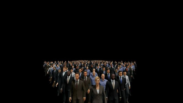 Businessmen with a businesswoman in front forming arrow shape pointing up, hd against black
