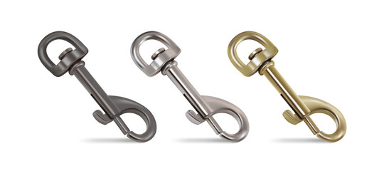 Set of three carabiners for the bag strap. 3d vector illustration
