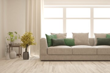 White living room with sofa. Scandinavian interior design. 3D illustration