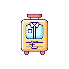 Open suitcase with clothing RGB color icon. Garments and apparel in traveller baggage. Essential things for tourist. Isolated vector illustration. Travel size objects simple filled line drawing
