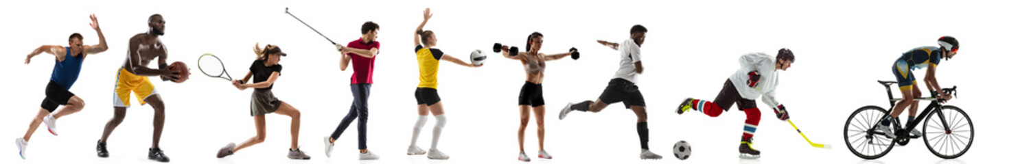 Sport collage. Tennis, basketball, soccer football, hockey, golf, cycling, fitness, running, volleyball players in motion isolated on white background © master1305