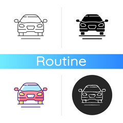 Obraz premium Sedan car icon. Fast personal transport. Hybrid auto for family trips. Front of auto. Automobile for everyday routine transits. Linear black and RGB color styles. Isolated vector illustrations
