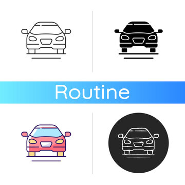 Sedan Car Icon. Fast Personal Transport. Hybrid Auto For Family Trips. Front Of Auto. Automobile For Everyday Routine Transits. Linear Black And RGB Color Styles. Isolated Vector Illustrations
