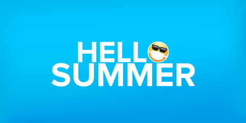 Hello summer concept with yellow Emoji sticker with mouth medical protection mask and sunglasses isolated on blue horizontal banner background. Vector hello summer poster or flyer with emoji