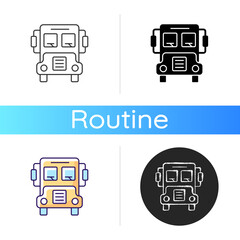 School bus icon. Transportation for students. Automobile to drive pupils. Transit for kids. Ride to public school. Everyday routine. Linear black and RGB color styles. Isolated vector illustrations