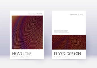 Minimal cover design template set. Orange abstract lines on wine red background. Delightful cover design. Vibrant catalog, poster, book template etc.