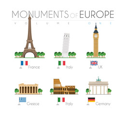 Monuments of Europe in cartoon style Volume 1: Eiffel Tower (France), Pisa Leaning Tower (Italy), Big Ben (UK), Parthenon (Greece), Coloseum (Italy) and Brandenburg Gate (Germany). Vector illustration