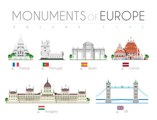 Monuments of Europe in cartoon style Volume 5: Sacre Coeur (France), Belem Tower (Portugal), Alcala Gate (Spain), Blackheads House (Latvia), Hungarian Parliament (Hungary) and Tower Bridge (UK). Vecto