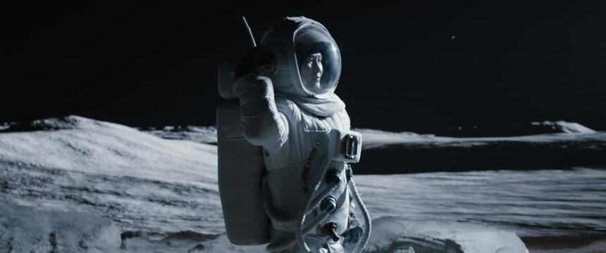 MID JIB Portrait of Asian lunar astronaut opens his visor while exploring Moon surface. Shot with 2x anamorphic lens