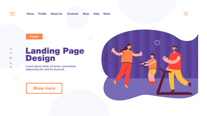 Obraz premium Happy family with kid training at home flat vector illustration. Cartoon mother, father and son doing exercises together in living room. Home workout and sport activity concept