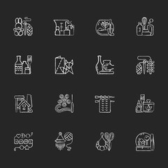 Trending hobbies chalk white icons set on dark background. Home business. Boho style. Craft activity. Creative reuse. Handcrafted pieces. Home decor. Isolated vector chalkboard illustrations on black