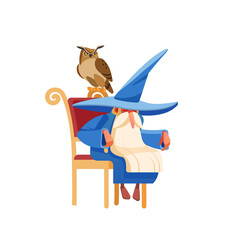 Magic old man enchanter or wizard character. Tired Old witch man in wizard robe sleeping or resting. Owl guards the sleep of the owner. Cartoon style vector isolated illustration.