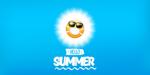 Hello summer concept with yellow Emoji sticker with mouth medical protection mask and sunglasses isolated on blue horizontal banner background. Vector hello summer poster or flyer with emoji