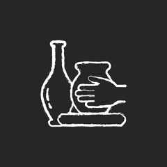 Handmade pottery chalk white icon on dark background. Ceramic vessels creation. Making pottery on wheel. Forming desired shape. Handcrafted sculpture. Isolated vector chalkboard illustration on black