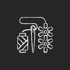 Beadwork chalk white icon on dark background. Attaching beads with sewing needle. Fabric decoration. Jewelry hobby. Ornamental work. Bead embroidery. Isolated vector chalkboard illustration on black