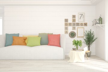 White living room with sofa. Scandinavian interior design. 3D illustration