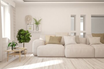 White living room with sofa. Scandinavian interior design. 3D illustration