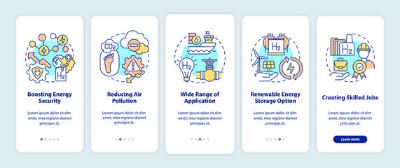 Fototapeta premium Hydrogen technologies benefits onboarding mobile app page screen. Energy security walkthrough 5 steps graphic instructions with concepts. UI, UX, GUI vector template with linear color illustrations