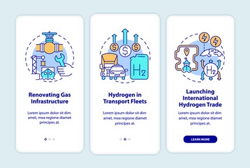 Hydrogen promotion onboarding mobile app page screen. Renovating gas infrastructure walkthrough 3 steps graphic instructions with concepts. UI, UX, GUI vector template with linear color illustrations