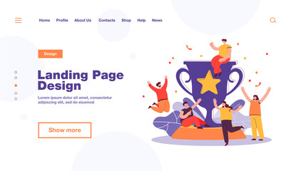 Tiny happy winners near big golden cup flat vector illustration. Cartoon team of champions winning award and celebrating victory. Mission success and teamwork concept
