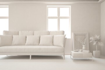 White minimalist living room with sofa. Scandinavian interior design. 3D illustration