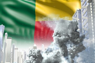 large smoke pillar in the modern city - concept of industrial disaster or terrorist act on Benin flag background, industrial 3D illustration