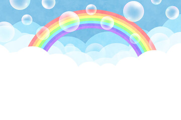 雲の背景　長方形　虹とシャボン玉　水彩風