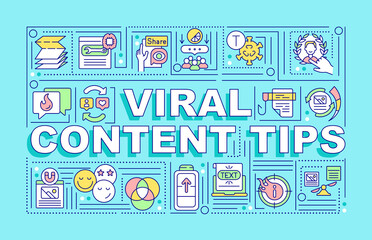Fototapeta na wymiar Viral content tips word concepts banner. Product advertisement. Infographics with linear icons on cyan background. Isolated creative typography. Vector outline color illustration with text