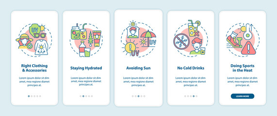 Heatstroke prevention onboarding mobile app page screen. Right clothes, avoiding sun walkthrough 5 steps graphic instructions with concepts. UI, UX, GUI vector template with linear color illustrations