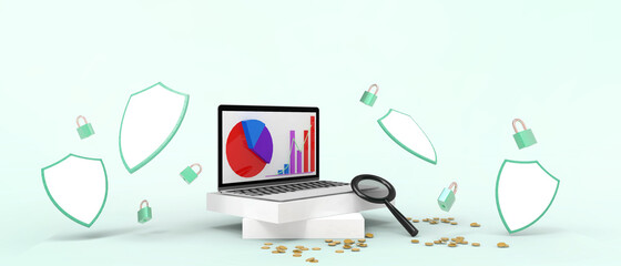 Protection Secure Online Banking Network data and Analytics. Safe and secure with Shield Concept on blue background. business, copy space, digital, banner, website -3d Rendering